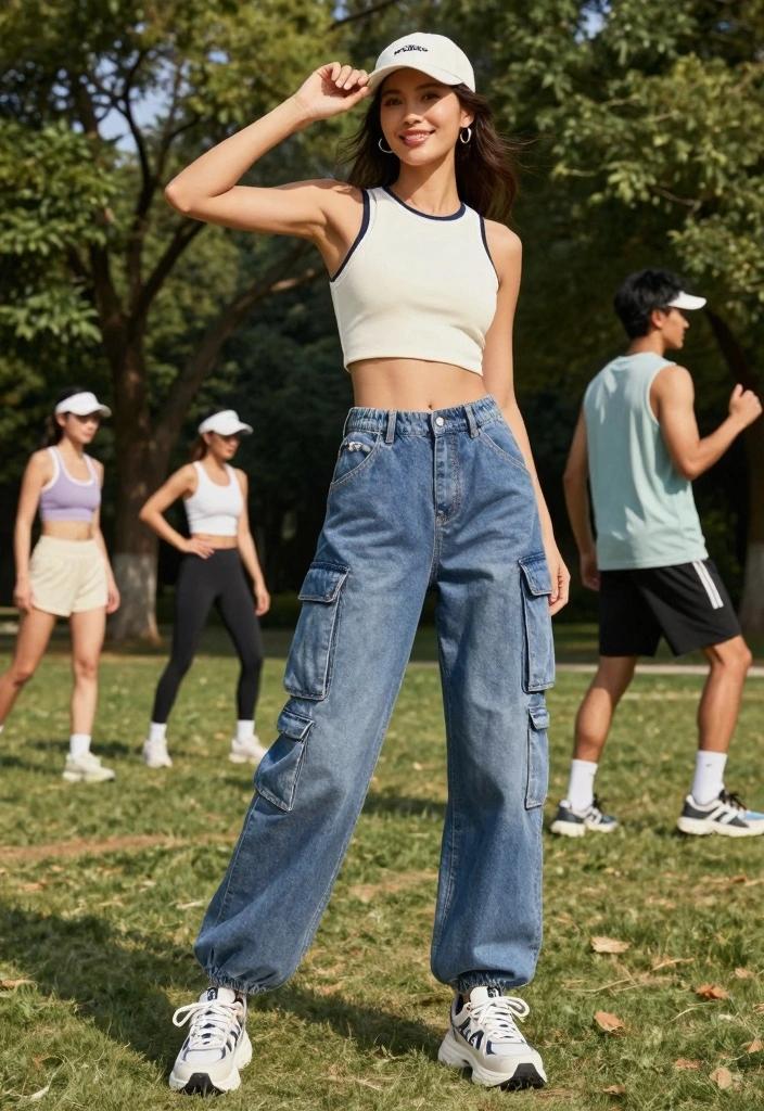 17 Baggy Jeans And Crop Top Outfit Ideas Women Love Right Now - 9. Sporty Crop Top with Baggy Cargo Jeans 1