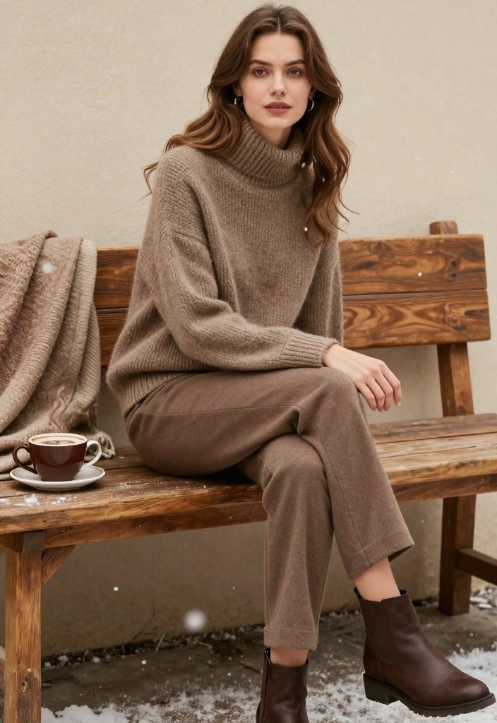 17 Brown Winter Outfit Ideas For Women That Feel Cozy - 1. Chunky Knit Sweater with Brown Trousers 1