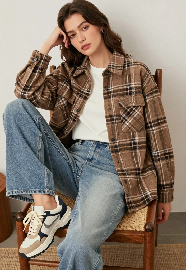 17 Brown Winter Outfit Ideas For Women That Feel Cozy - 10. Brown Flannel Shirt with Denim 1