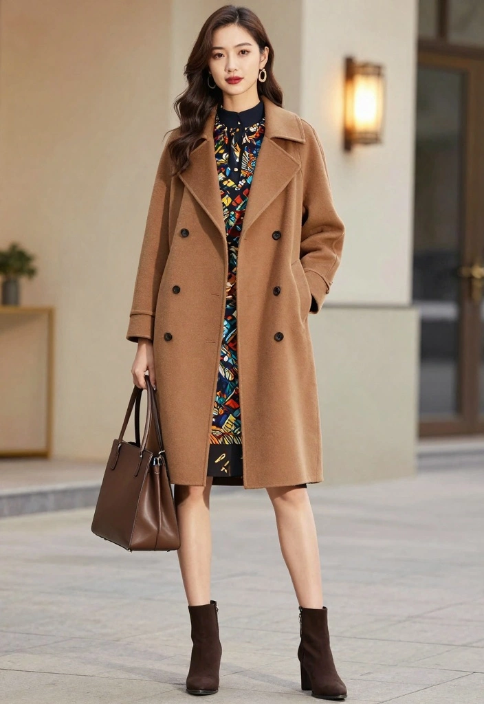 17 Brown Winter Outfit Ideas For Women That Feel Cozy - 13. Brown Wrap Coat with Layered Dress 1