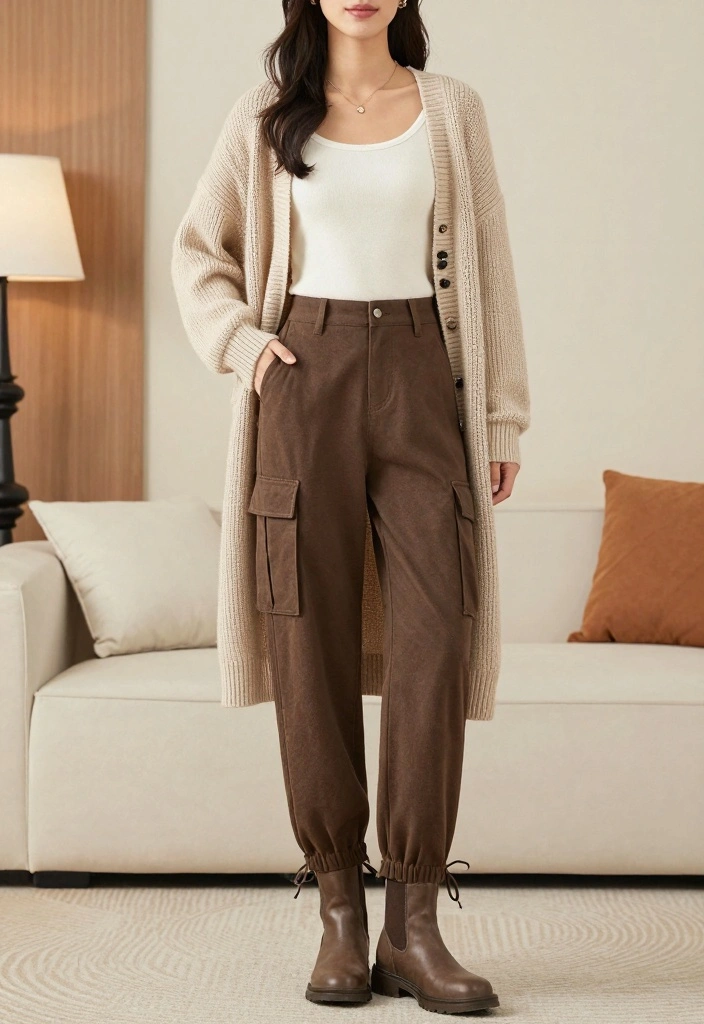 17 Brown Winter Outfit Ideas For Women That Feel Cozy - 15. Brown Cargo Pants with Long Cardigan 1