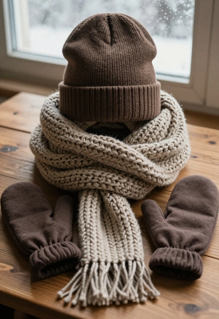 17 Brown Winter Outfit Ideas For Women That Feel Cozy - 17. Brown Beanie with Cozy Scarf and Mittens 1