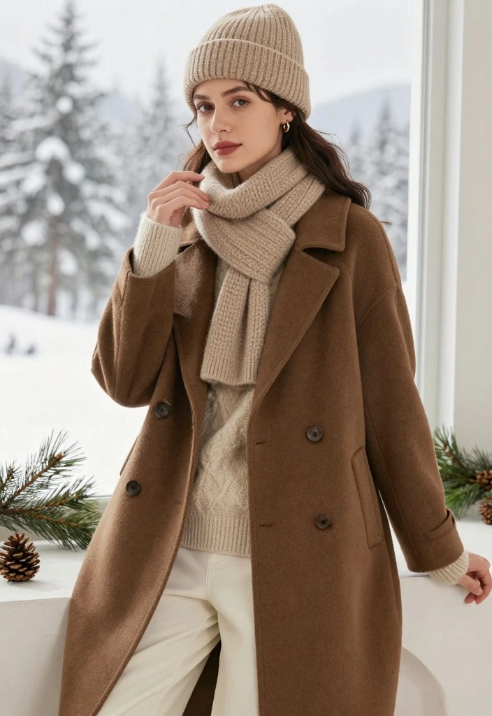 17 Brown Winter Outfit Ideas For Women That Feel Cozy - 2. Brown Wool Coat with Knit Accessories 1