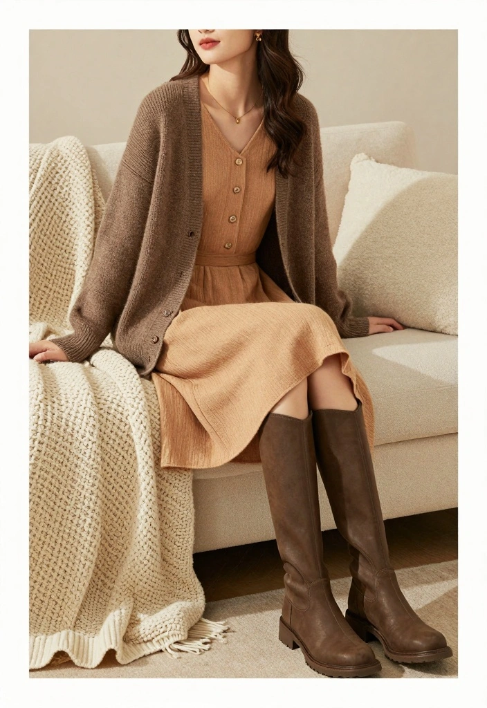 17 Brown Winter Outfit Ideas For Women That Feel Cozy - 3. Layered Brown Cardigans Over Dress 1