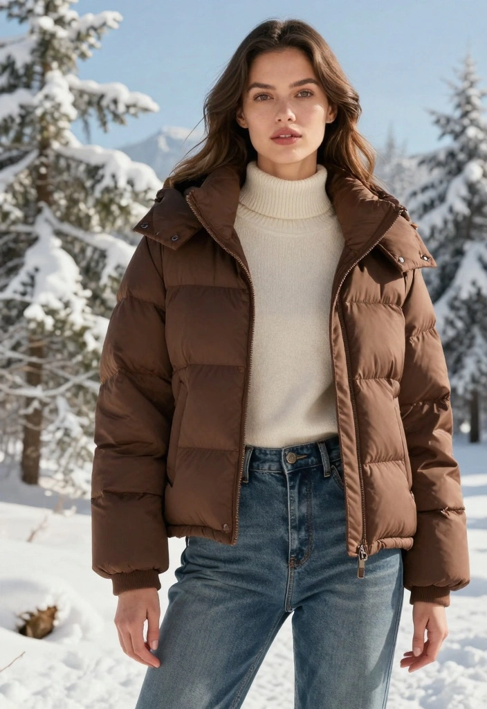 17 Brown Winter Outfit Ideas For Women That Feel Cozy - 4. Brown Puffer Jacket with Fleece Lining 1