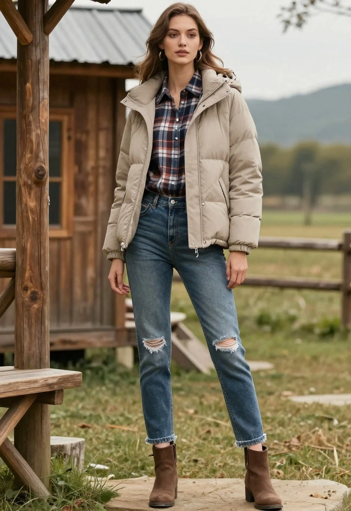 17 Down Jacket Outfit Ideas That Keep You Warm And Fashionable - 5. Rustic Vibes with a Flannel Layer 1