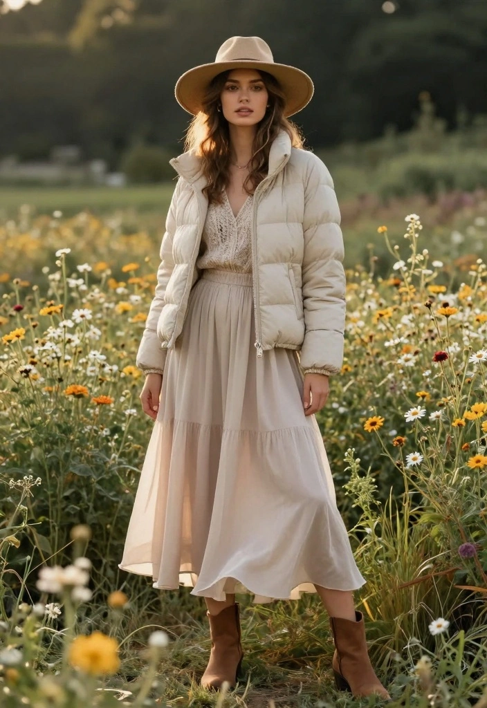 17 Down Jacket Outfit Ideas That Keep You Warm And Fashionable - 6. Boho Dream with a Maxi Skirt 1