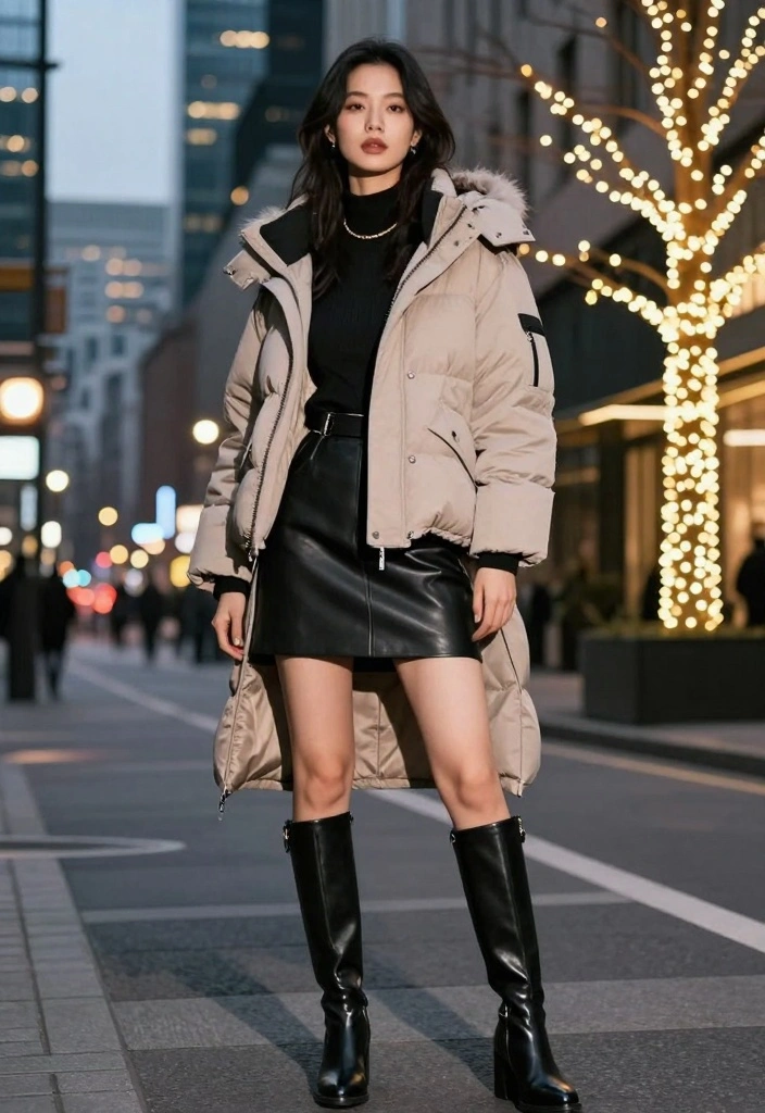 17 Down Jacket Outfit Ideas That Keep You Warm And Fashionable - 8. Edgy Fashion with a Leather Skirt 1