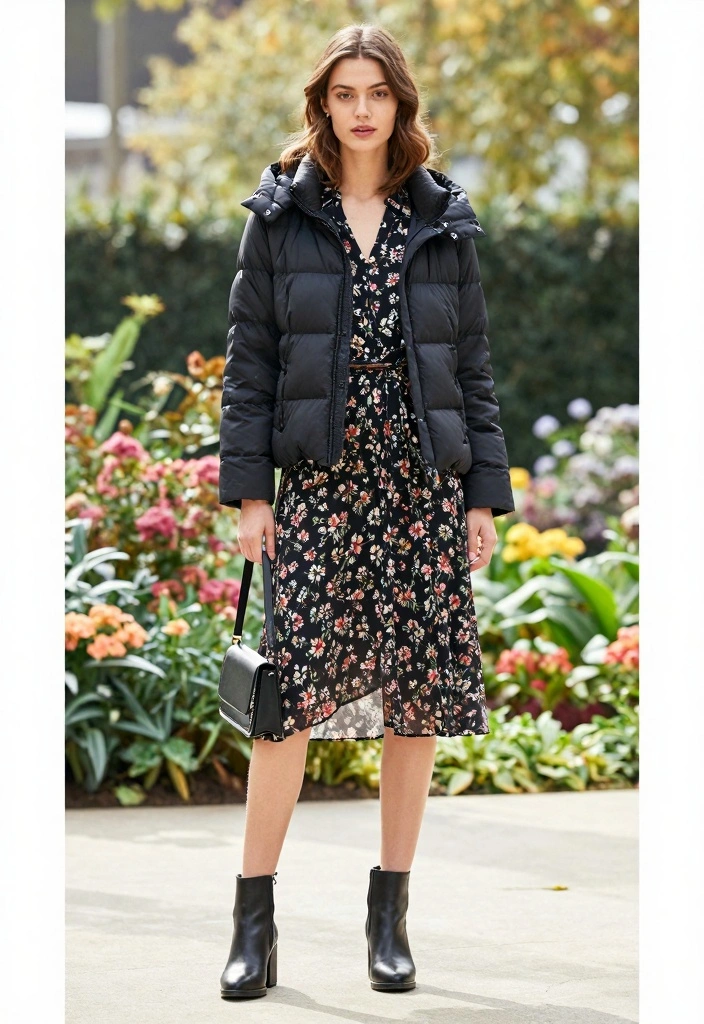 17 Down Jacket Outfit Ideas That Keep You Warm And Fashionable - 9. Feminine Touch with a Midi Dress 1