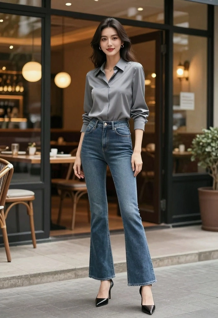 17 Flare Jeans Outfit Ideas That Instantly Elevate Your Look - 5. Elegant Evening Look with Heels 1