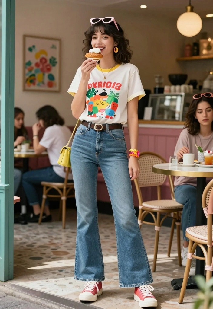 17 Flare Jeans Outfit Ideas That Instantly Elevate Your Look - 9. Graphic Tee with Flare Jeans for Fun 1