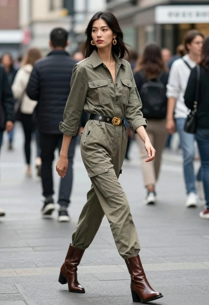 17 Leather Boots Outfit Ideas With Strong Confidence - 15. Trendy Utility Jumpsuit 1