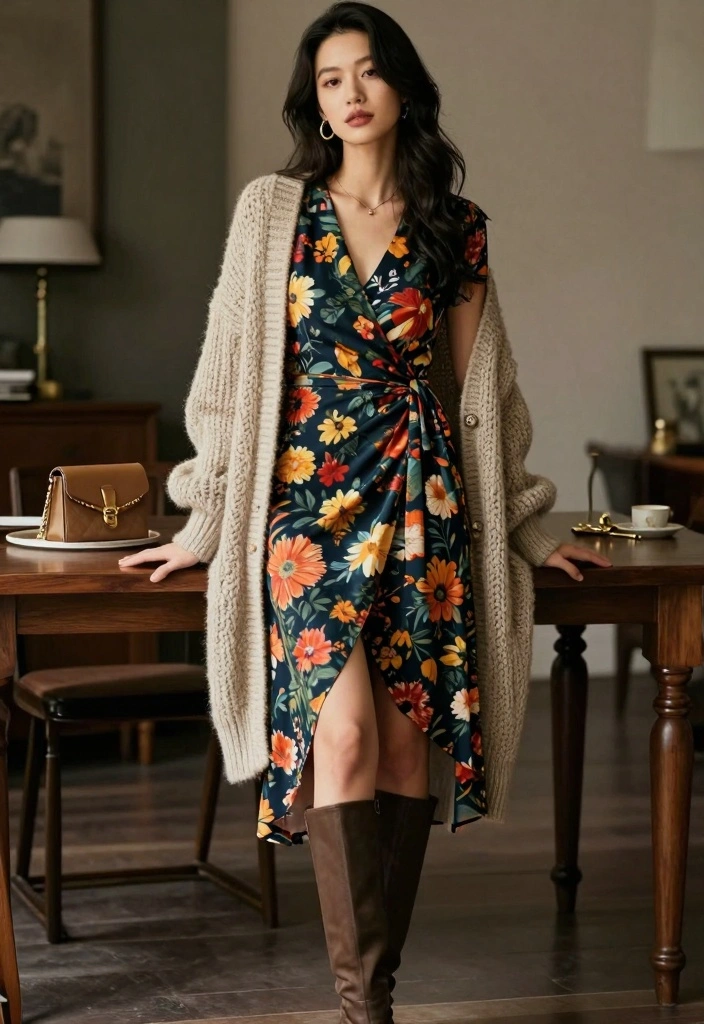 17 Modern Royalty Dress To Impress Outfit Ideas With Luxe Vibes - 12. Wrap Dress with Chunky Knit 1