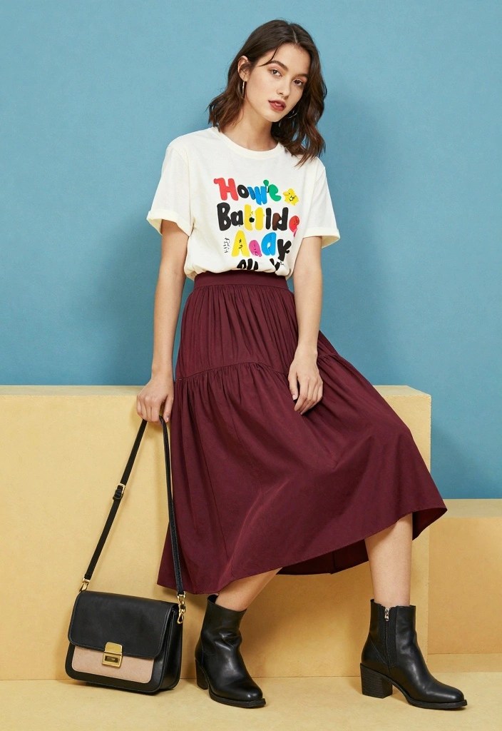 17 Modern Royalty Dress To Impress Outfit Ideas With Luxe Vibes - 6. Midi Skirt with Graphic Tee 1