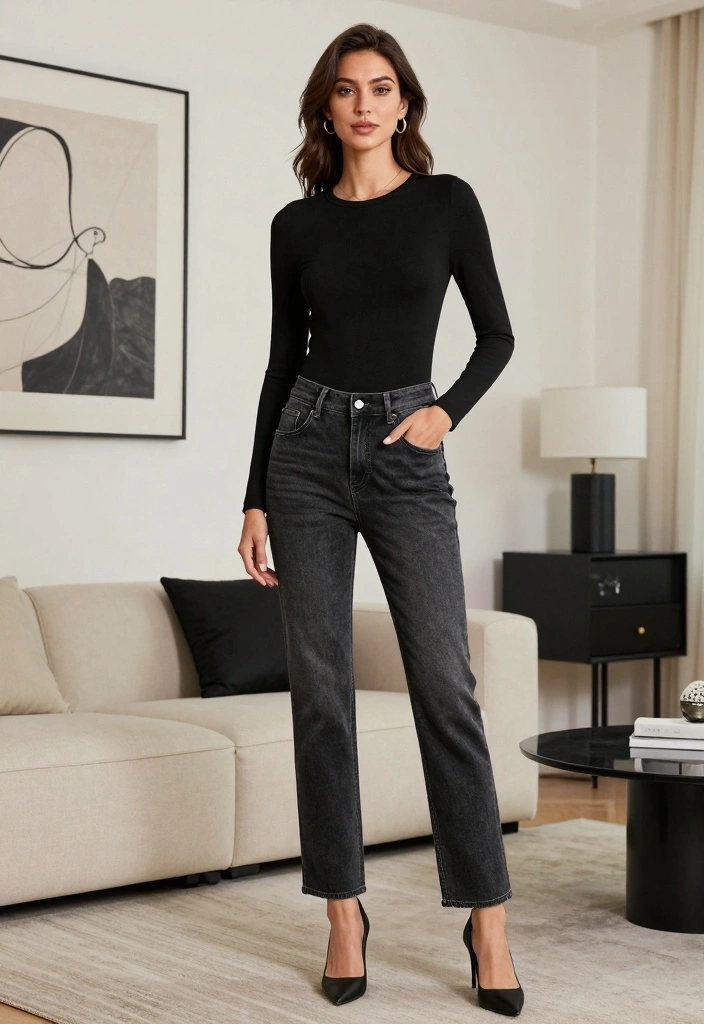 17 Top And Jeans Outfit Ideas That Always Work - 12. The Classic Monochrome Look: Black Top and Jeans 1