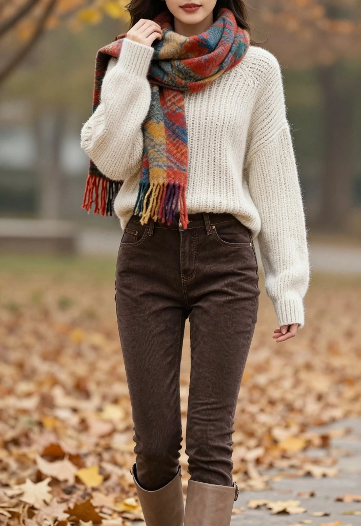 17 Top And Jeans Outfit Ideas That Always Work - 13. The Textured Pile: Knit Top with Corduroy Jeans 1