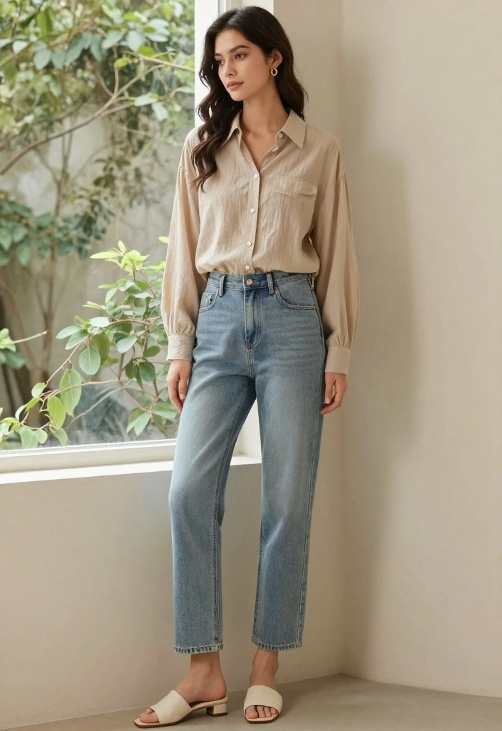 17 Top And Jeans Outfit Ideas That Always Work - 2. The Chic Button-Up with Mom Jeans 1