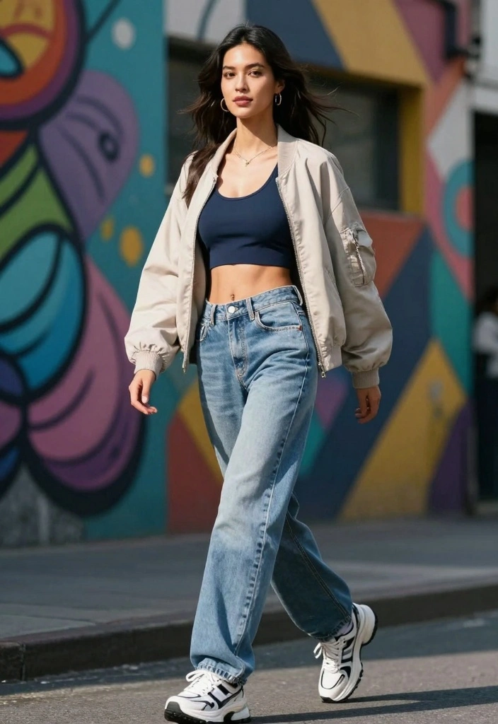 17 Top And Jeans Outfit Ideas That Always Work - 5. The Sporty Look: Crop Top and High-Waisted Jeans 1