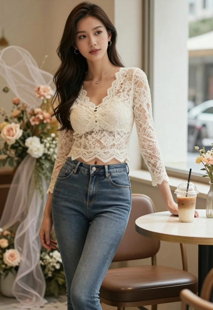 17 Top And Jeans Outfit Ideas That Always Work - 6. The Feminine Touch: Lace Top with Skinny Jeans 1