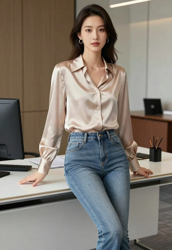 17 Top And Jeans Outfit Ideas That Always Work - 8. The Office-Ready Combo: Silk Blouse and Tailored Jeans 1