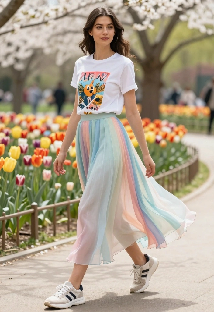 18 Aesthetic Outfit Ideas For Women You Will Want To Save - 12. Graphic Tee with Pastel Chiffon Skirt 1