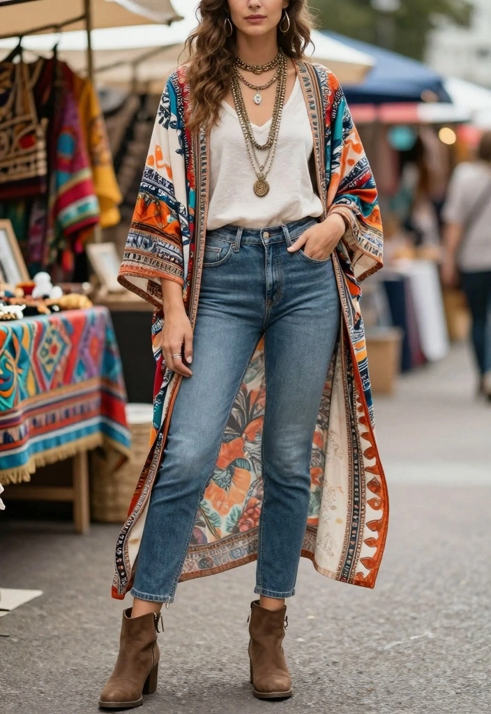 18 Aesthetic Outfit Ideas For Women You Will Want To Save - 16. Bohemian Kimono with Fitted Jeans 1