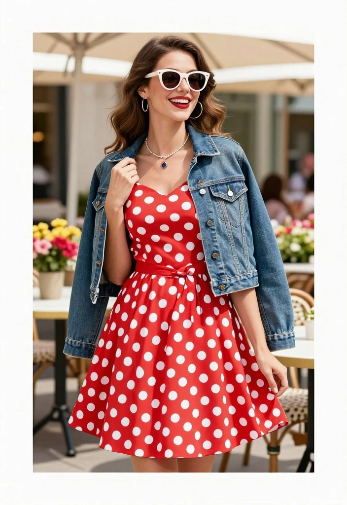 18 Aesthetic Outfit Ideas For Women You Will Want To Save - 8. Retro Polka Dot Dress with a Denim Jacket 1