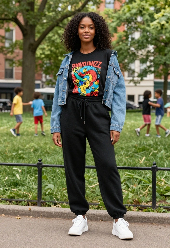 12 Black Baggy Sweatpants Outfit Ideas for Women You Can Wear Out of the House - 1. Sporty Chic with a Graphic Tee 1