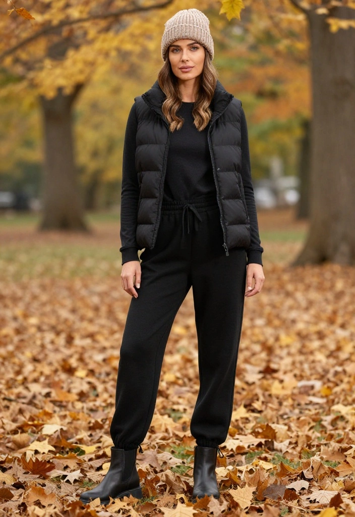 12 Black Baggy Sweatpants Outfit Ideas for Women You Can Wear Out of the House - 10. Effortlessly Stylish with a Puffer Vest 1