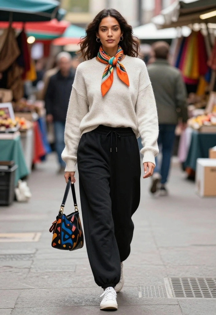 12 Black Baggy Sweatpants Outfit Ideas for Women You Can Wear Out of the House - 12. Fashion-Forward with Colorful Accessories 1