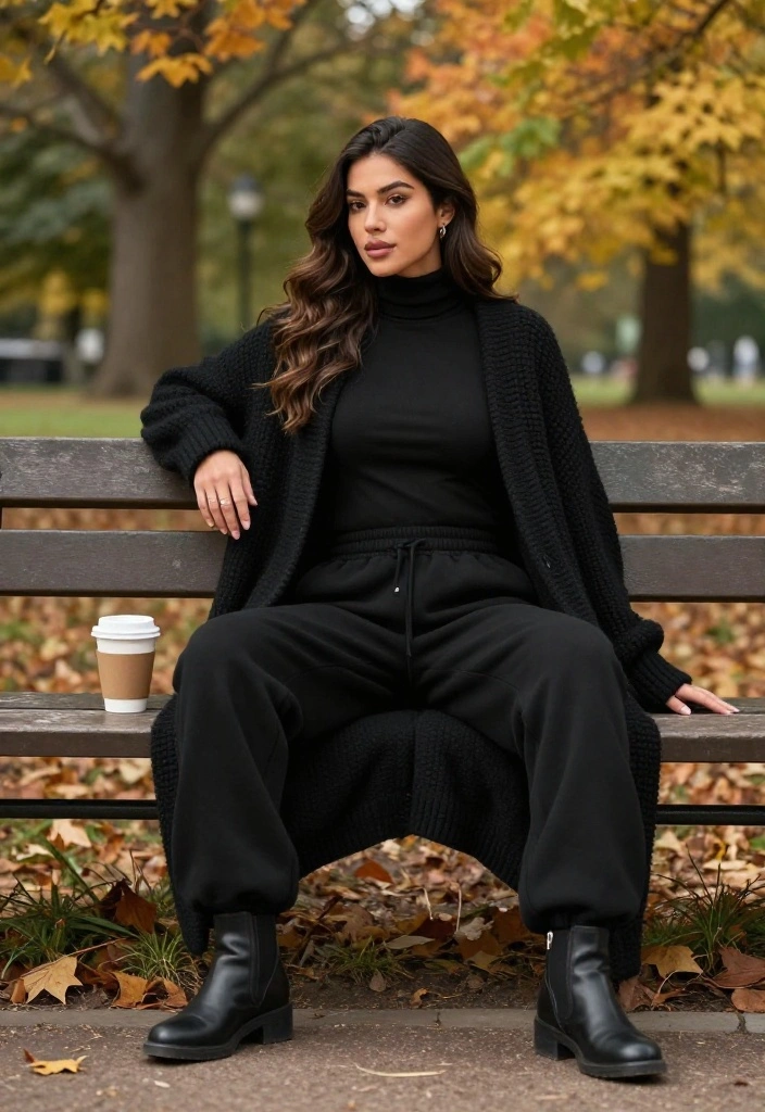 12 Black Baggy Sweatpants Outfit Ideas for Women You Can Wear Out of the House - 2. Cozy Layers with a Long Cardigan 1