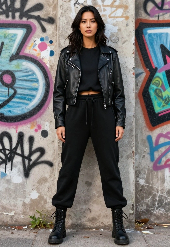12 Black Baggy Sweatpants Outfit Ideas for Women You Can Wear Out of the House - 3. Edgy Vibes with a Leather Jacket 1