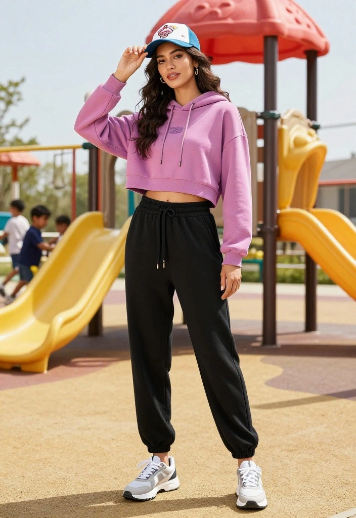 12 Black Baggy Sweatpants Outfit Ideas for Women You Can Wear Out of the House - 4. Playful Look with a Cropped Hoodie 1