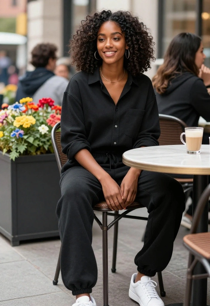 12 Black Baggy Sweatpants Outfit Ideas for Women You Can Wear Out of the House - 5. Effortless Style with a Button-Up Shirt 1