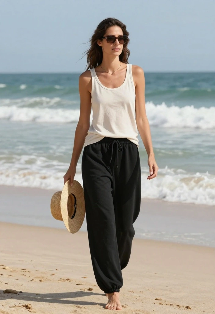 12 Black Baggy Sweatpants Outfit Ideas for Women You Can Wear Out of the House - 7. Beachy Vibes with a Tank Top 1