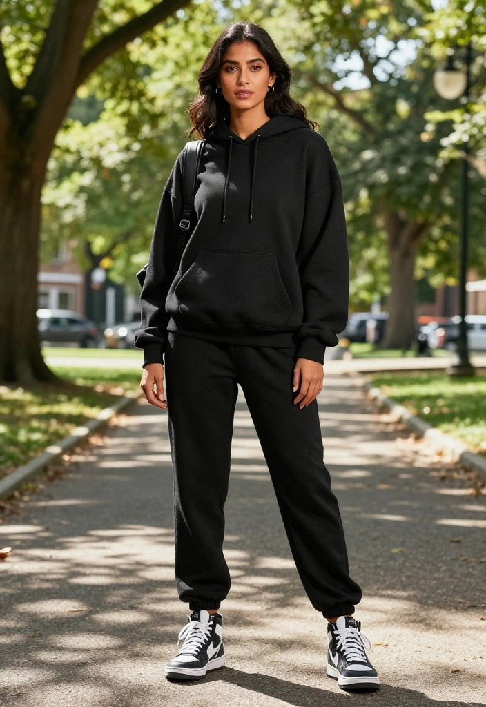 12 Black Baggy Sweatpants Outfit Ideas for Women You Can Wear Out of the House - 9. Sporty Glam with High-Top Sneakers 1