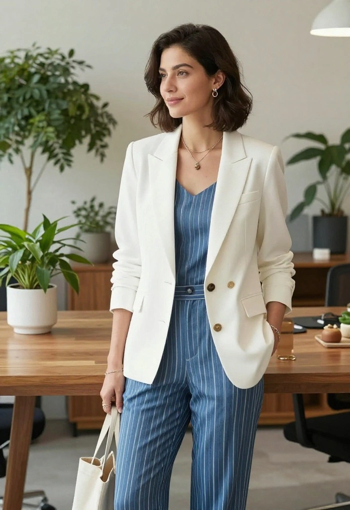 12 Blue and White Striped Pants Outfit Ideas for Women That Work - 4. Office Casual Chic 1