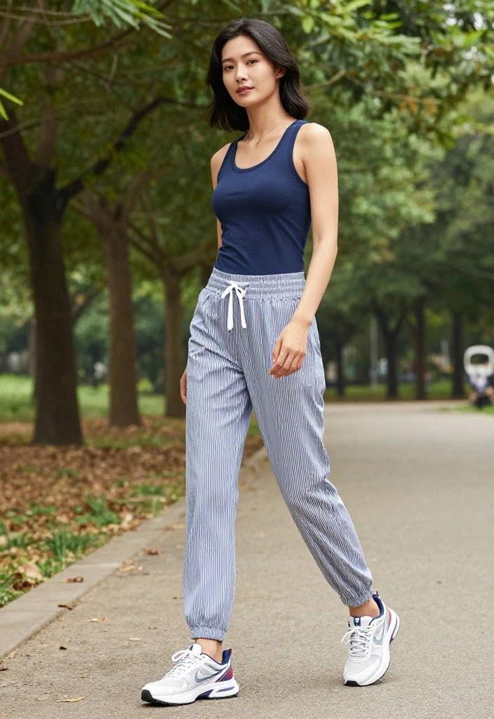 12 Blue and White Striped Pants Outfit Ideas for Women That Work - 8. Sporty Weekend Look 1