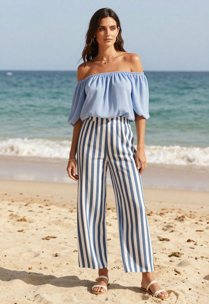 12 Blue and White Striped Pants Outfit Ideas for Women That Work - 9. Beach Wedding Guest Style 1