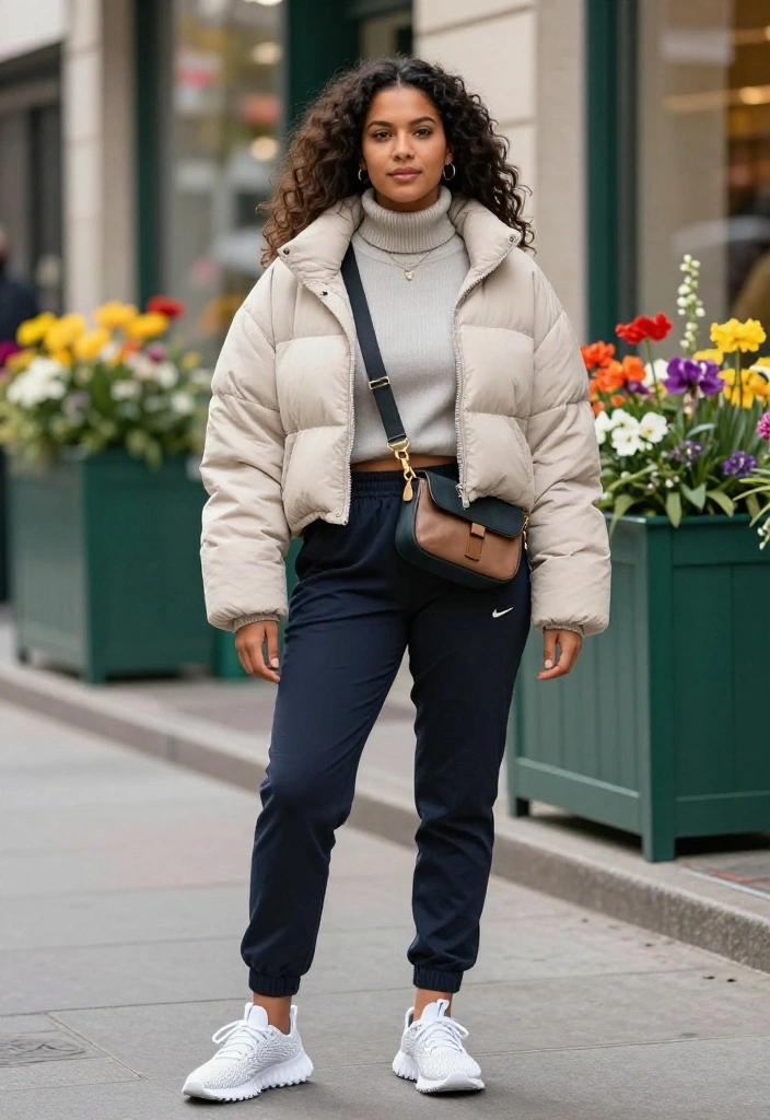 12 Cropped Puffer Jacket Outfit Inspirations for Women That Transition From Winter to Spring - 1. Sporty Casual with Joggers 1