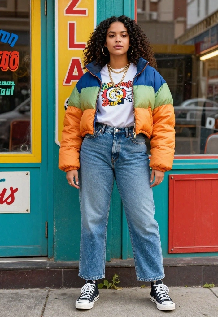 12 Cropped Puffer Jacket Outfit Inspirations for Women That Transition From Winter to Spring - 11. Vintage Vibes with a Retro Puffer 1