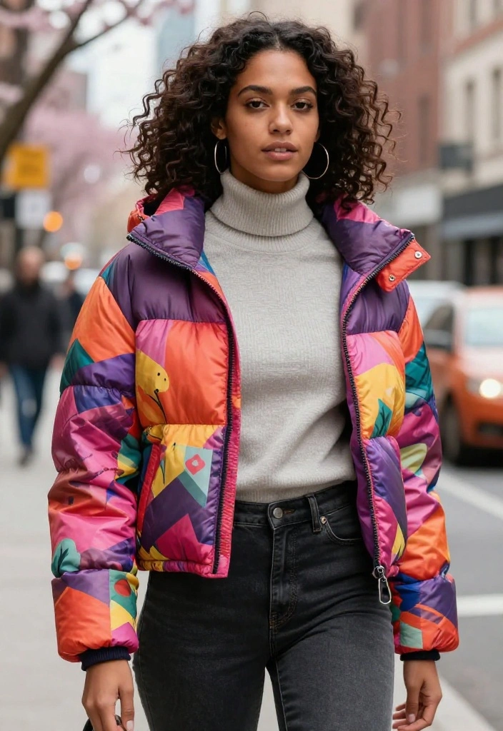 12 Cropped Puffer Jacket Outfit Inspirations for Women That Transition From Winter to Spring - 12. Bold Statement with Prints 1