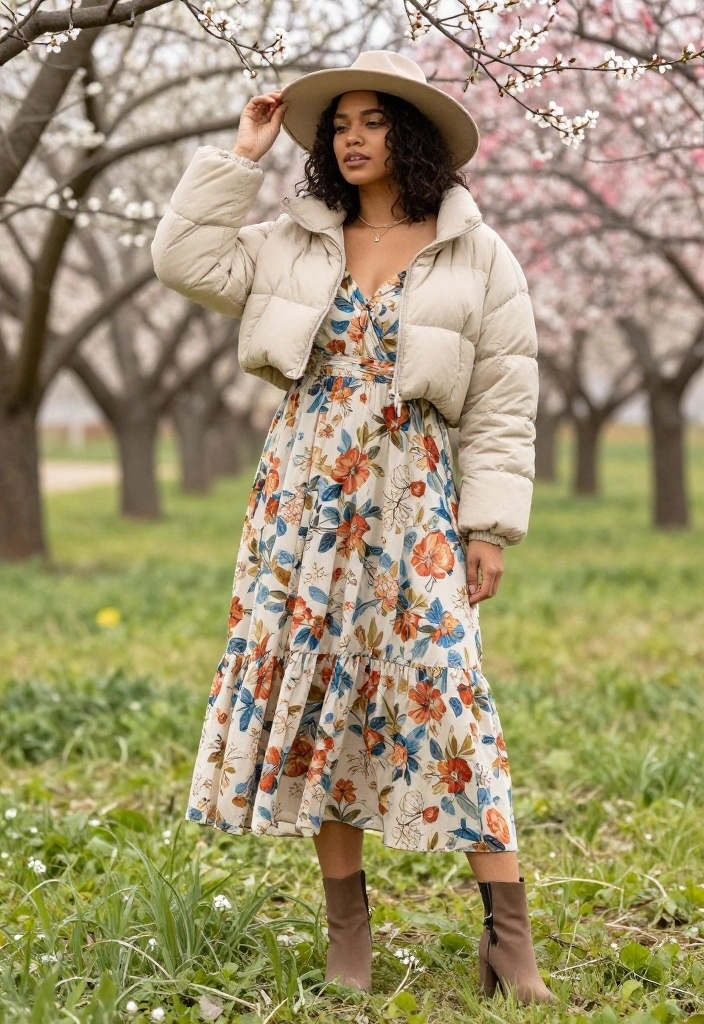 12 Cropped Puffer Jacket Outfit Inspirations for Women That Transition From Winter to Spring - 2. Layered Chic with a Maxi Dress 1