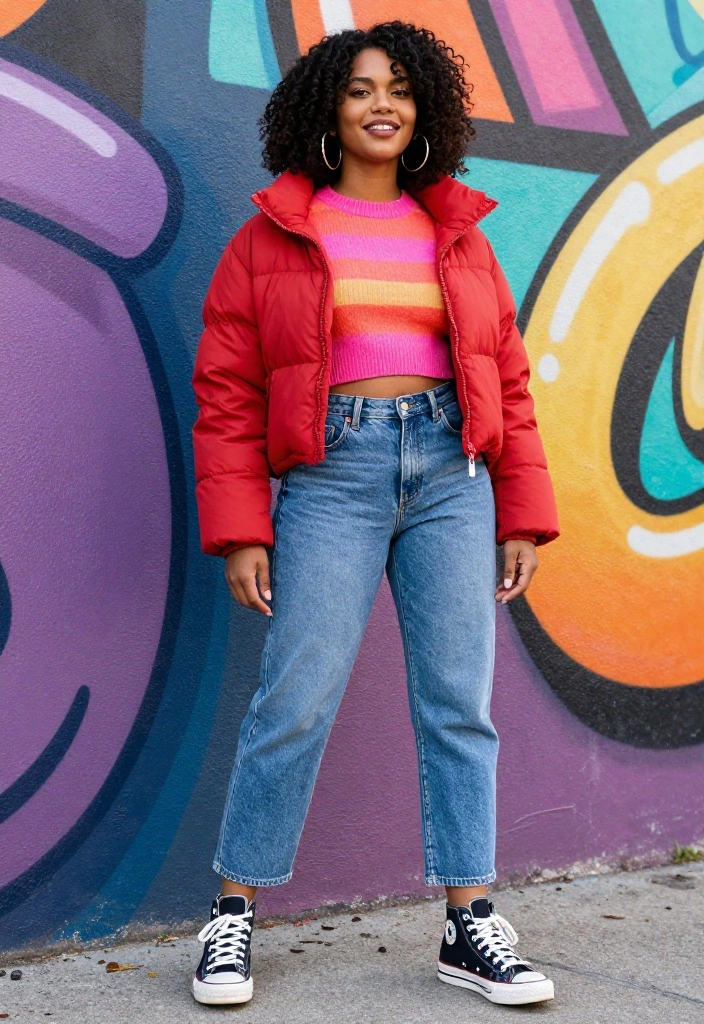 12 Cropped Puffer Jacket Outfit Inspirations for Women That Transition From Winter to Spring - 6. Playful Layers with a Cropped Sweater 1
