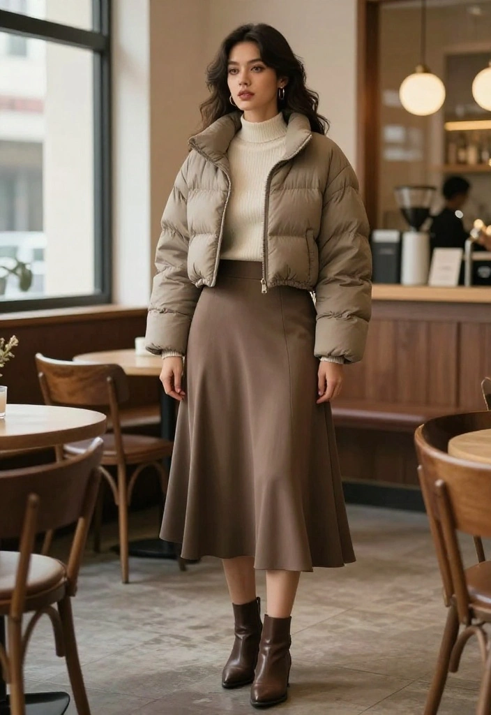 12 Cropped Puffer Jacket Outfit Inspirations for Women That Transition From Winter to Spring - 7. Trendy Midi Skirt Combo 1