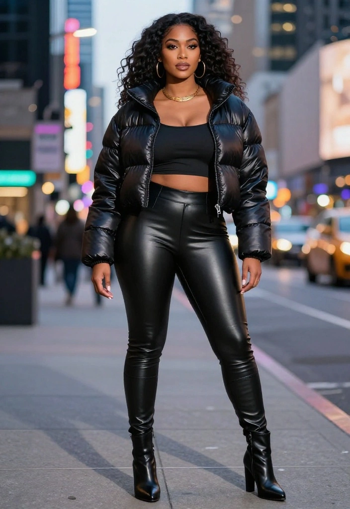 12 Cropped Puffer Jacket Outfit Inspirations for Women That Transition From Winter to Spring - 9. Trendy Faux Leather Leggings 1