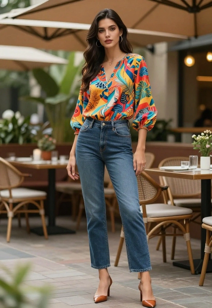 12 Elegant Jeans Outfits for Women That Pass for Dressy Occasions - 10. Denim with a Pop of Print 1