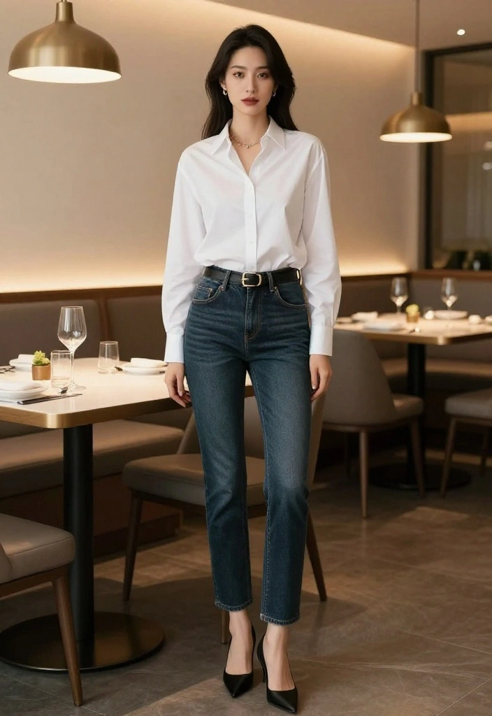12 Elegant Jeans Outfits for Women That Pass for Dressy Occasions - 4. The Timeless White Shirt and Jeans 1