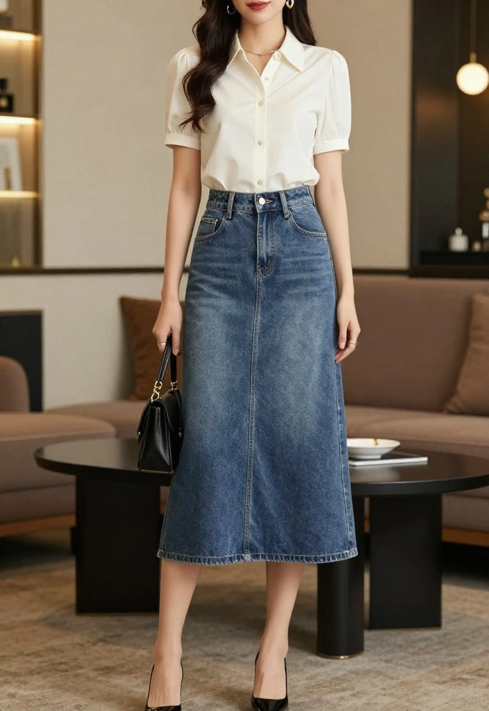 12 Elegant Jeans Outfits for Women That Pass for Dressy Occasions - 8. Chic Denim Skirt Looks 1