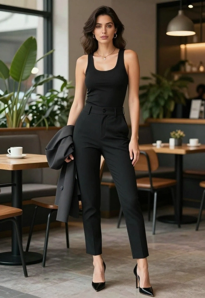14 Black Tank Top Outfit Ideas for Women That Aren't Too Casual - 1. Tailored Trousers & Statement Heels 1